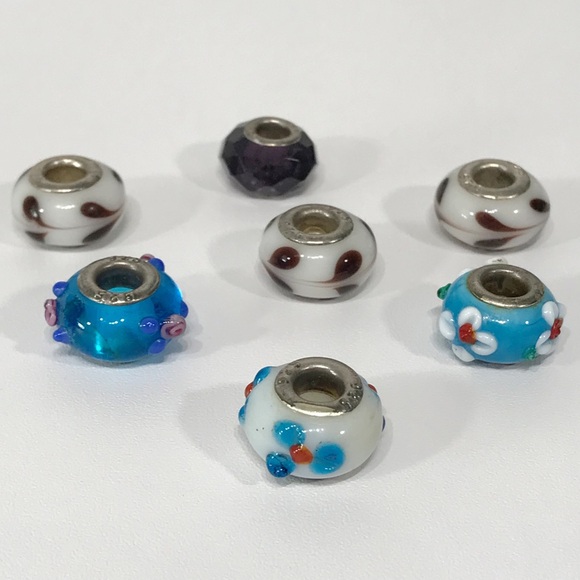 925 Sterling Silver Lampwork Art Glass Pandora Style Beads Lot Set 7 Charms - Picture 1 of 7